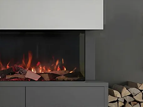 Electric fireplace with wood insert and realistic flames.
