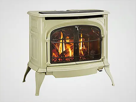 Cream-colored gas stove with a realistic flame.