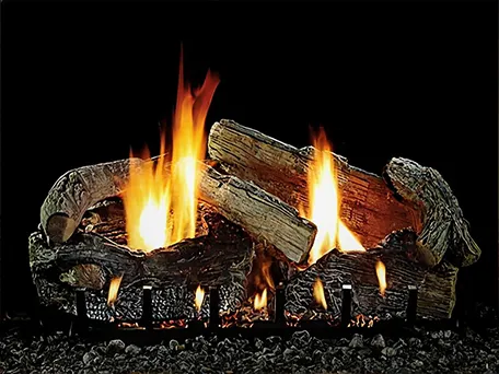 Realistic gas logs burning in a fireplace